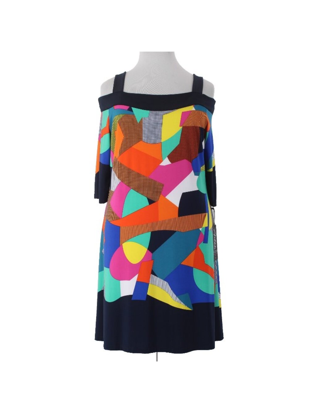 Artex Fashions Dress $135 Sz XL Navy Blue Multi Colored Cold Shoulder Poly Dress